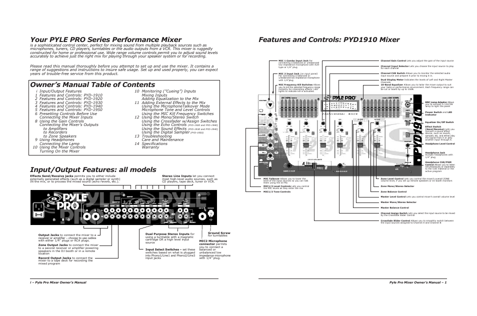 Your pyle pro series performance mixer, Input/output features: all models, Features and controls: pyd1910 mixer | Owner’s manual table of contents, Using the sound effects, Using the digital sampler | PYLE Audio PYD1920 User Manual | Page 2 / 8