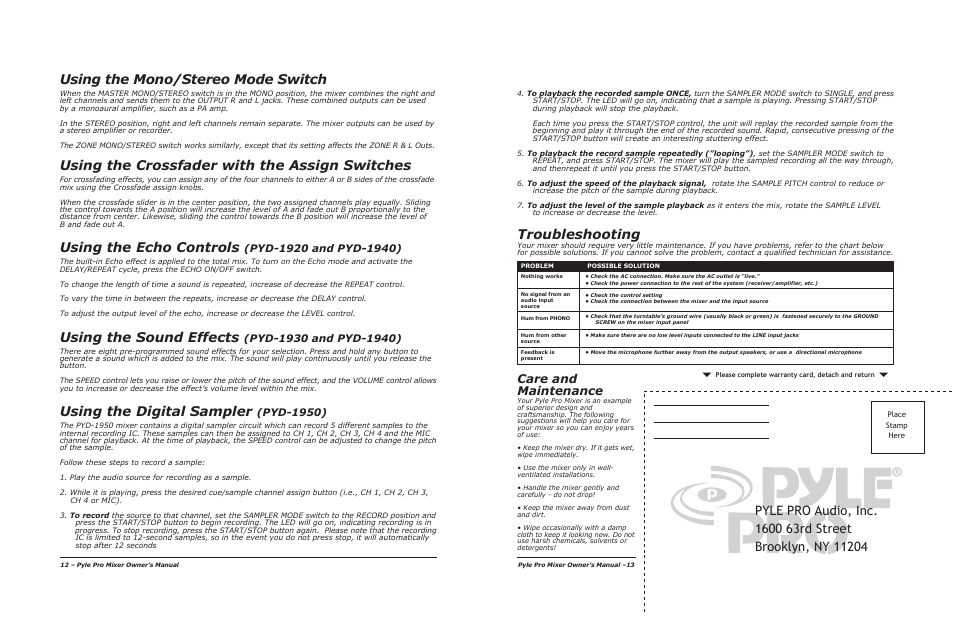 Troubleshooting, Using the mono/stereo mode switch, Using the crossfader with the assign switches | Using the echo controls, Using the sound effects, Using the digital sampler, Care and maintenance, Pyd-1950) | PYLE Audio PYD1920 User Manual | Page 8 / 8