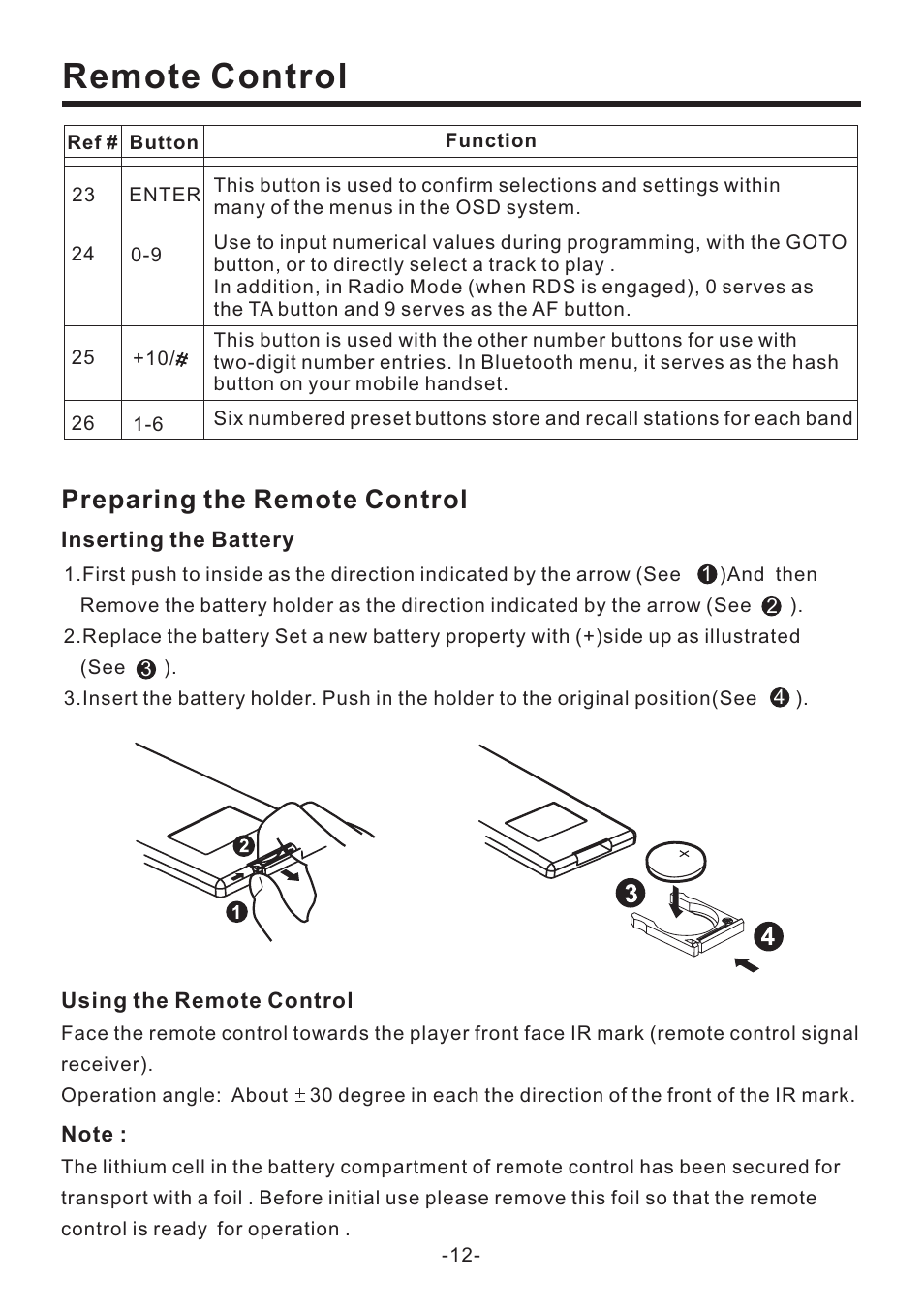 Remote control, Preparing the remote control | PYLE Audio PLD70BT User Manual | Page 13 / 40