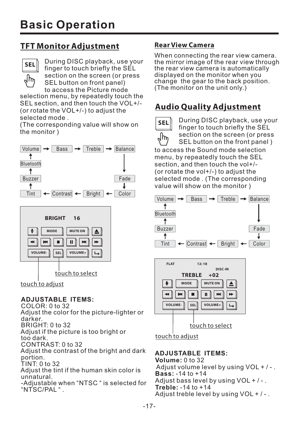 Basic operation, Tft monitor adjustment, Audio quality adjustment | Rear view camera | PYLE Audio PLD70BT User Manual | Page 18 / 40