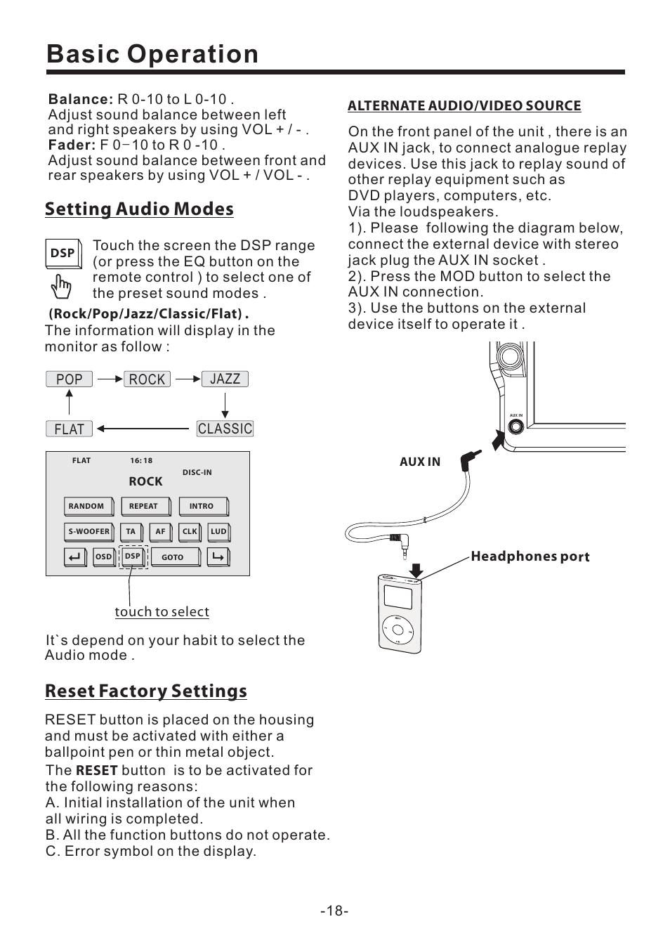 Basic operation, Reset factory settings, Setting audio modes | PYLE Audio PLD70BT User Manual | Page 19 / 40