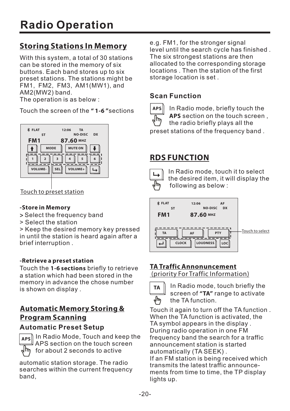 Radio operation, Rds function, Scan function | Automatic preset setup | PYLE Audio PLD70BT User Manual | Page 21 / 40
