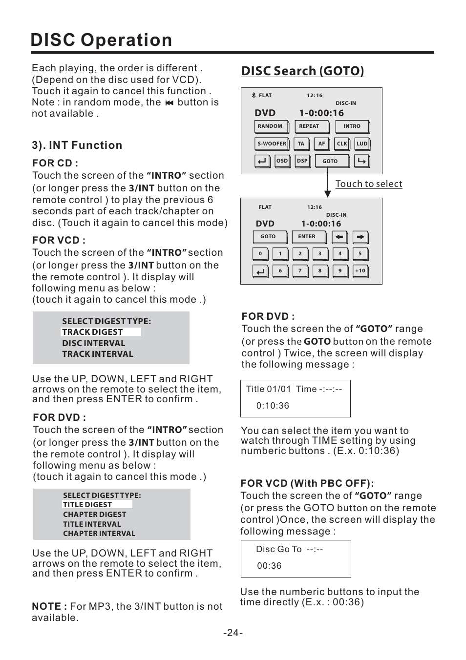 Disc operation, Disc search (goto), 3). int function | PYLE Audio PLD70BT User Manual | Page 25 / 40