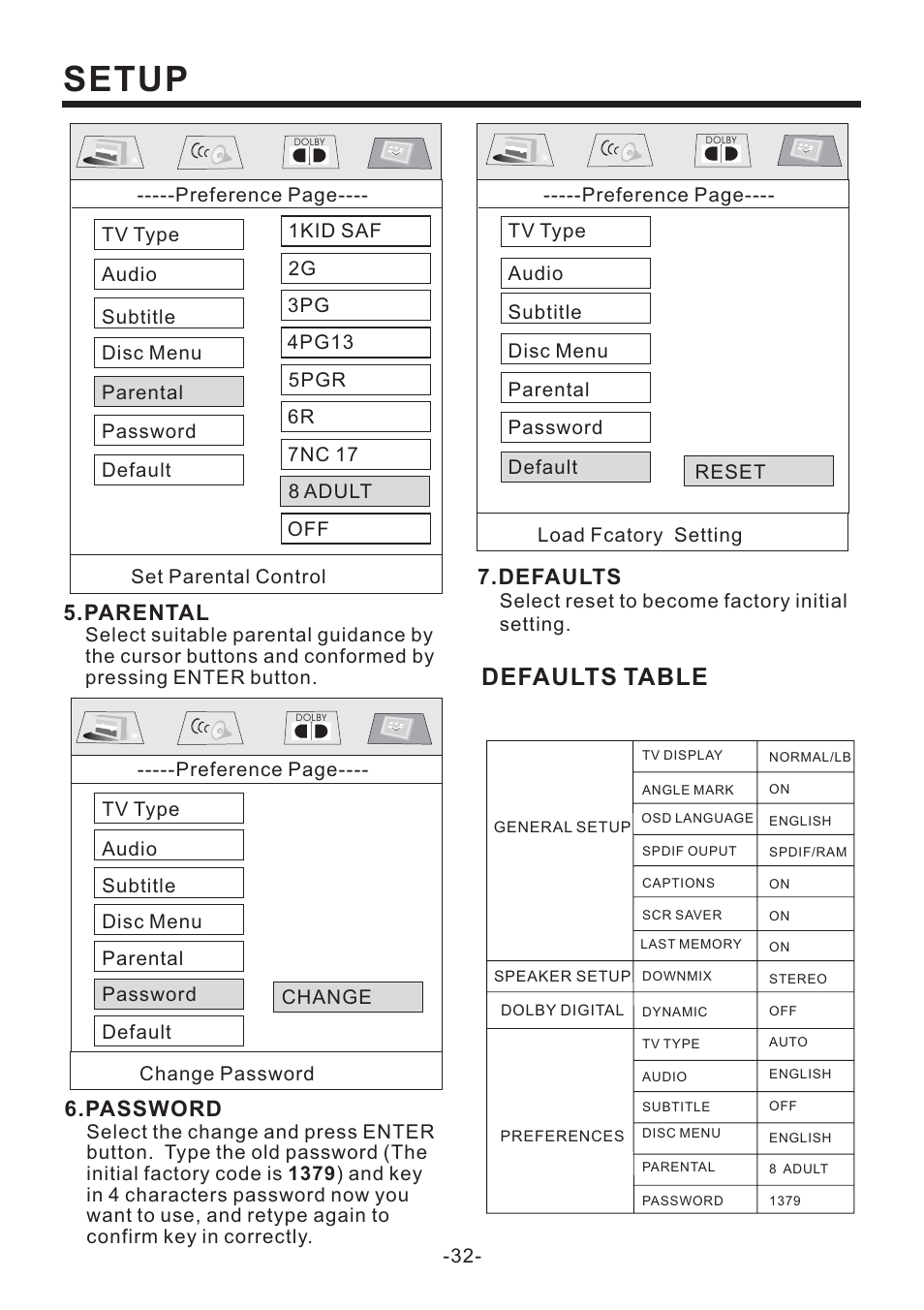 Setup, Defaults table, Parental | Password, Defaults | PYLE Audio PLD70BT User Manual | Page 33 / 40