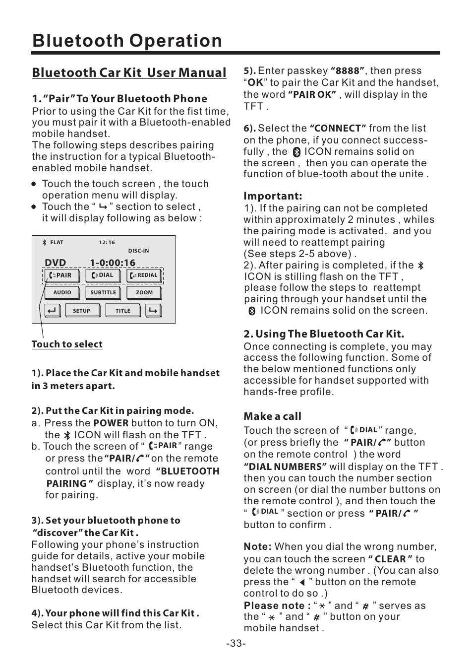 Bluetooth operation, Bluetooth car kit user manual | PYLE Audio PLD70BT User Manual | Page 34 / 40
