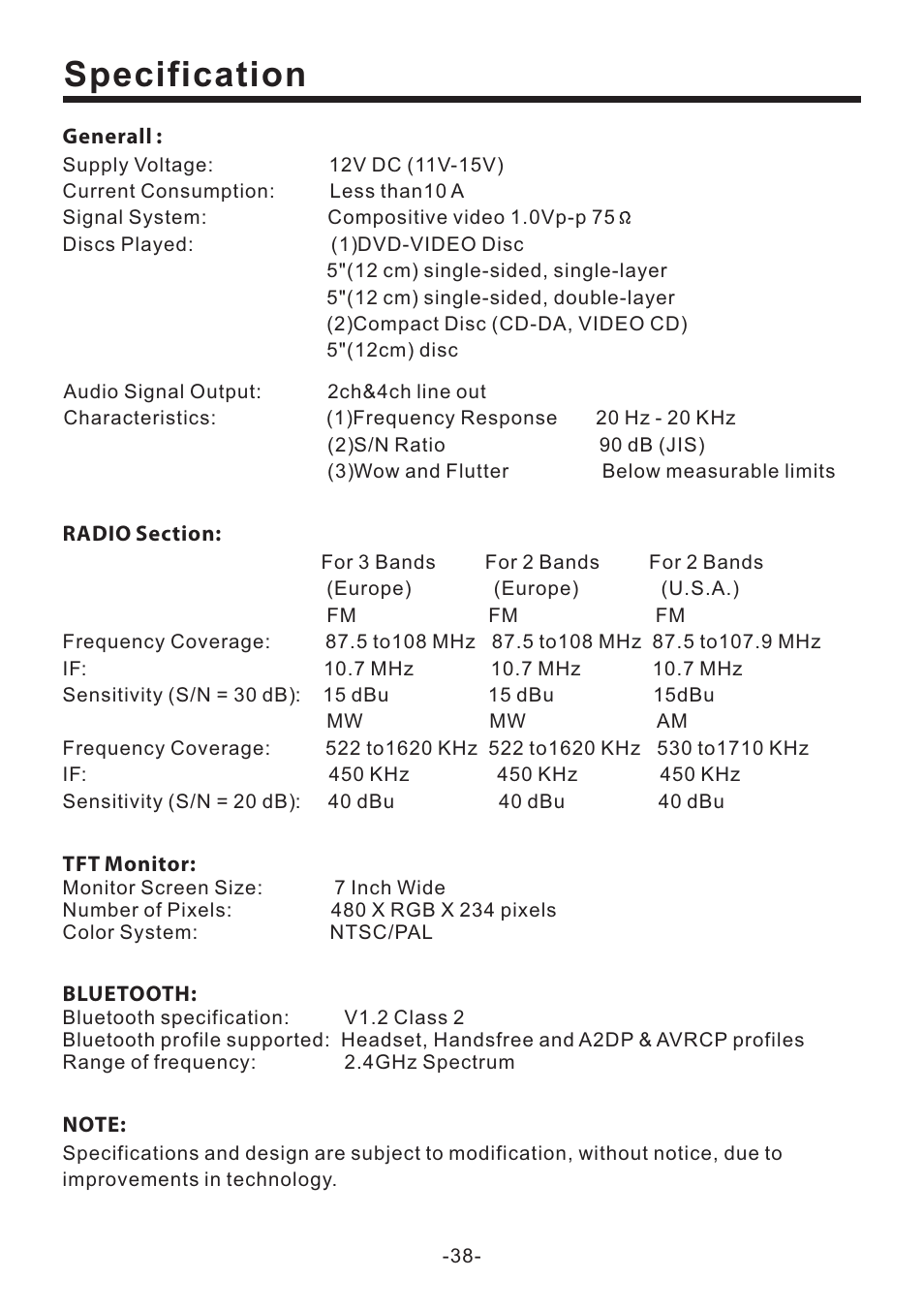 Specification | PYLE Audio PLD70BT User Manual | Page 39 / 40