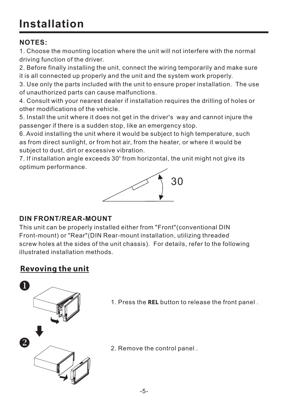 Installation, Revoving the unit | PYLE Audio PLD70BT User Manual | Page 6 / 40