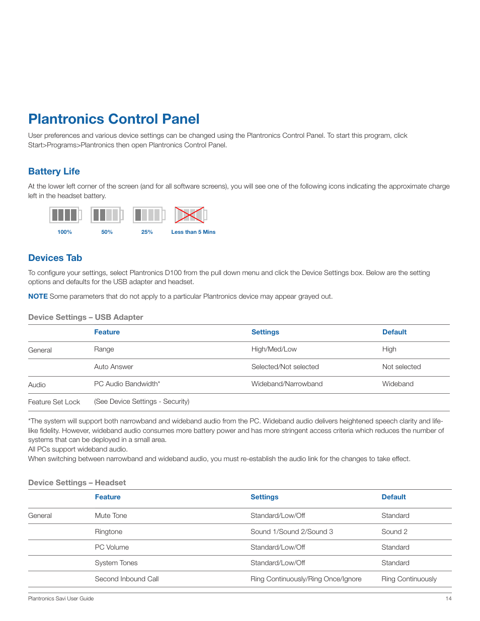 Plantronics control panel, Battery life, Devices tab | PYLE Audio W430-M User Manual | Page 14 / 19