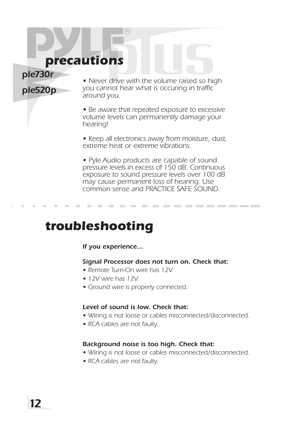 Precautions, Troubleshooting | PYLE Audio PLE520P User Manual | Page 14 / 16