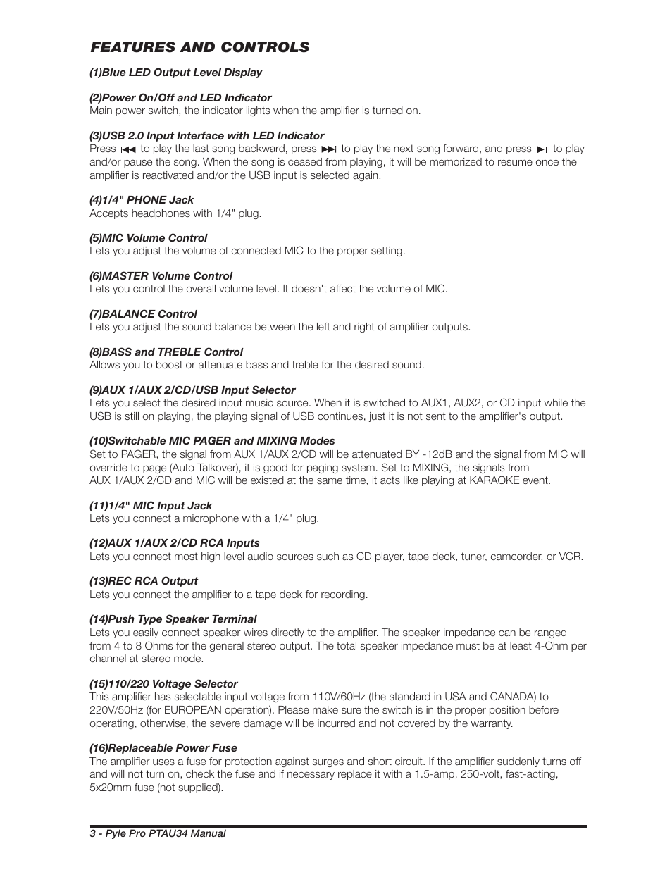 Features and controls | PYLE Audio PTAU34 User Manual | Page 4 / 8