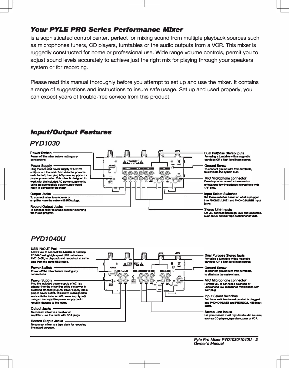 Power switch, Stereo iputs, Output | Input select switches, Record output, Stereo line inputs, Usb in/out port, Purpose stereo iputs, Powerswitch, Ground sci8w power off | PYLE Audio PYD1030 User Manual | Page 3 / 8