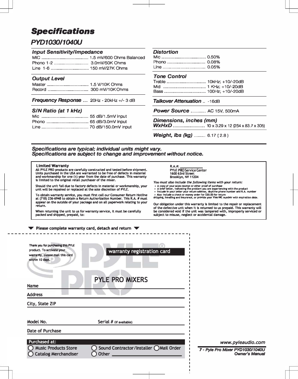 Specifications, Pyle pro mixers, Warranty registration card | PYLE Audio PYD1030 User Manual | Page 8 / 8