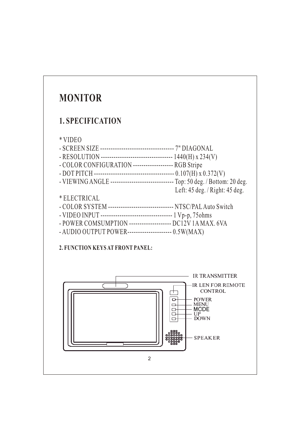 Monitor, Specification | PYLE Audio View Series PLVSR7IR User Manual | Page 3 / 5