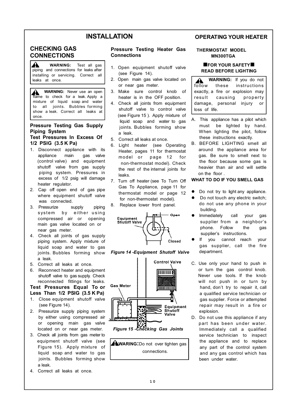 Installation, Checking gas connections | PYLE Audio MN300HGA User Manual | Page 10 / 22