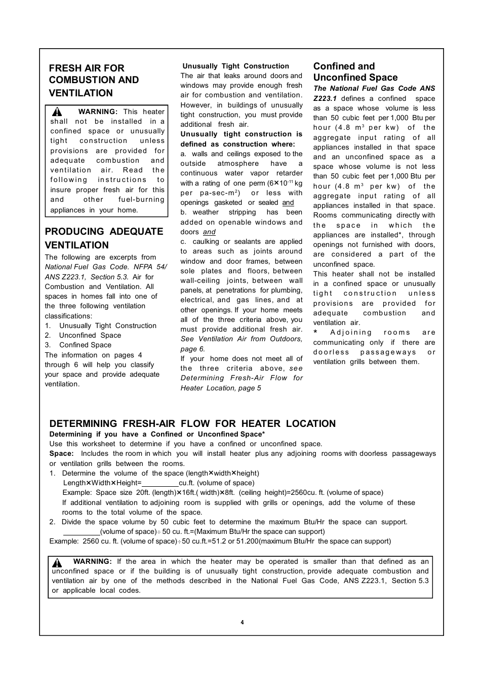 Confined and unconfined space, Determining fresh-air flow for heater location | PYLE Audio MN300HGA User Manual | Page 4 / 22