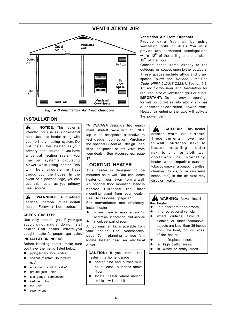 Ventilation air, Locating heater, Installation | PYLE Audio MN300HGA User Manual | Page 6 / 22