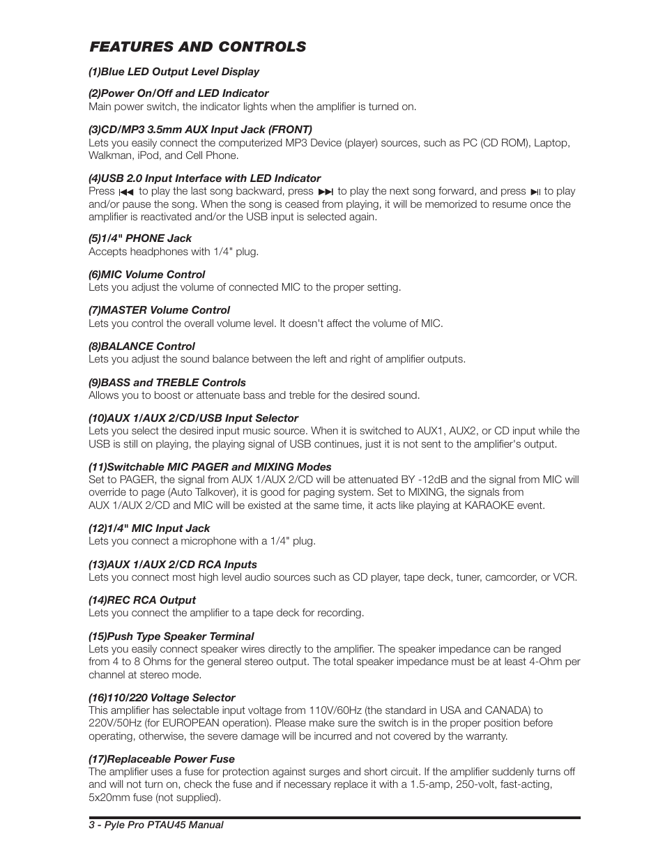 Features and controls | PYLE Audio PTAU45 User Manual | Page 4 / 8