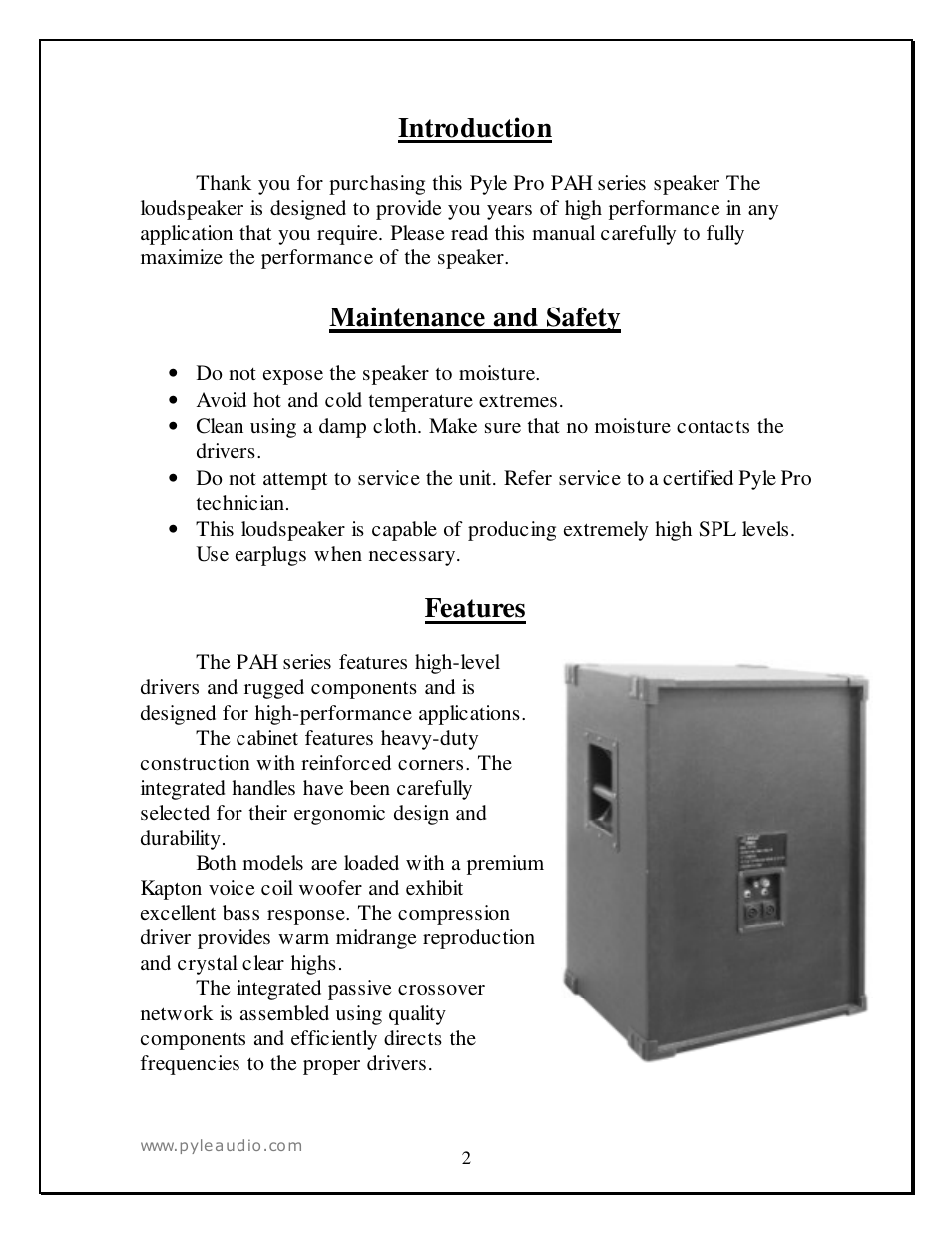 Introduction, Maintenance and safety, Features | PYLE Audio PAH1580 User Manual | Page 2 / 7
