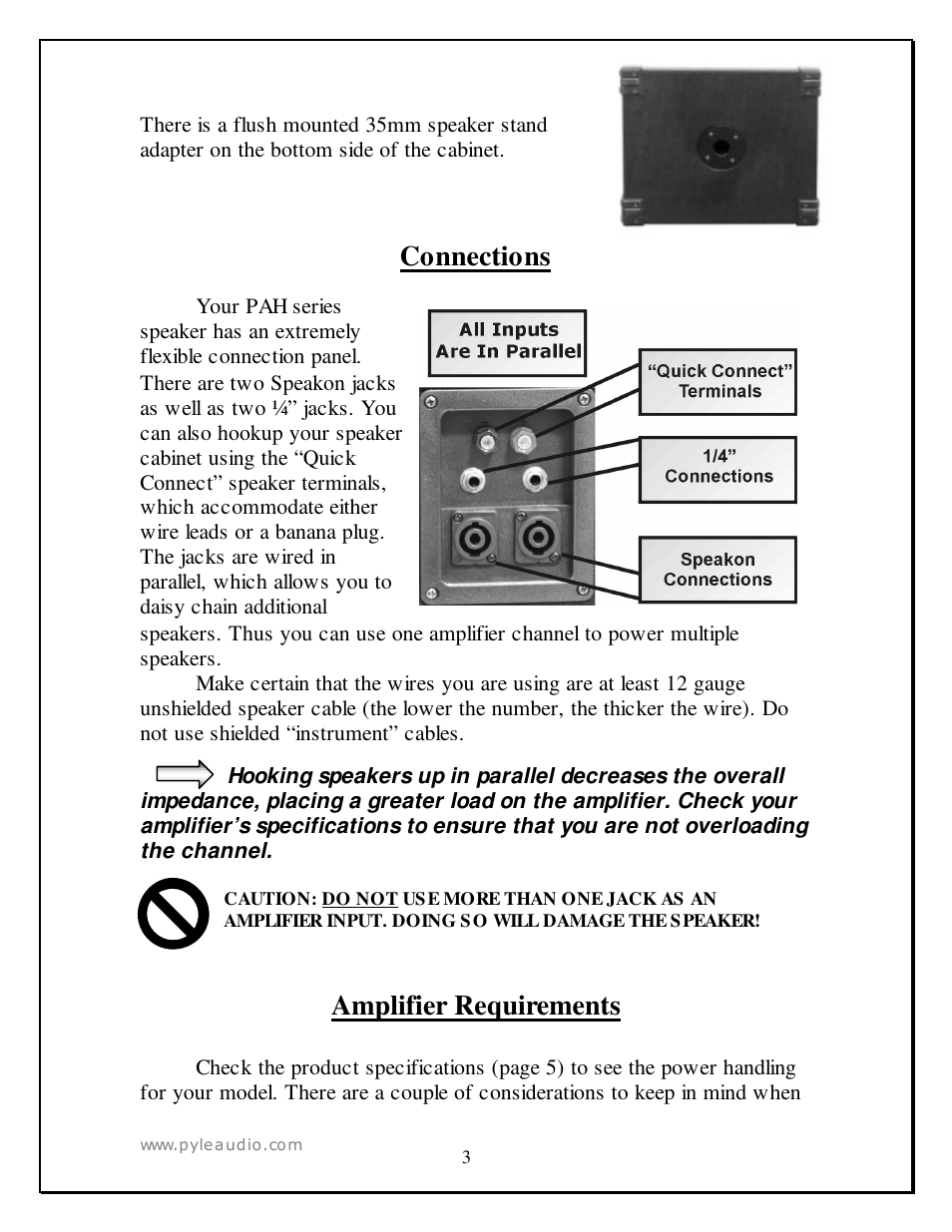 Connections, Amplifier requirements | PYLE Audio PAH1580 User Manual | Page 3 / 7