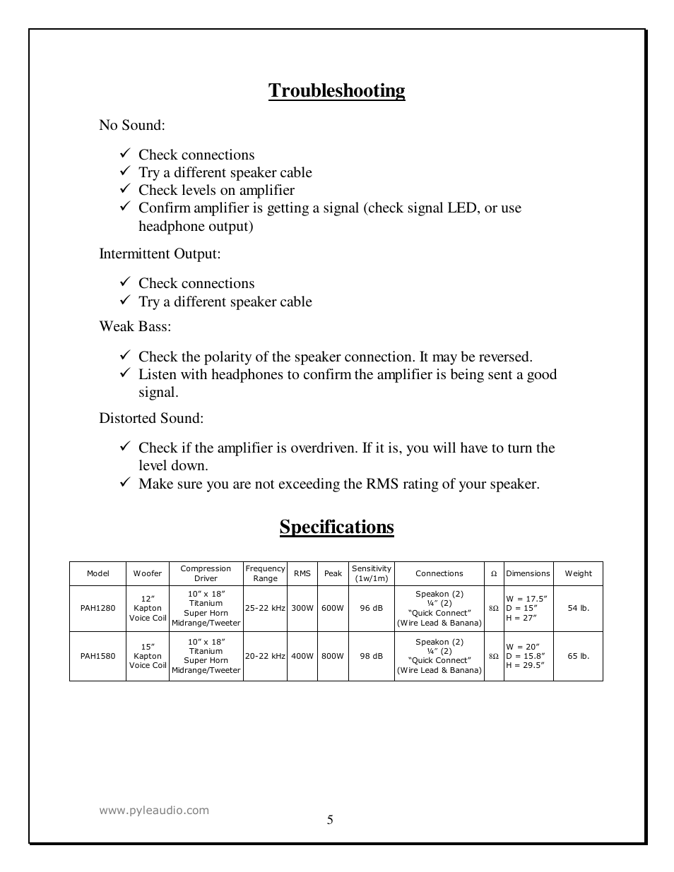 Troubleshooting, Specifications | PYLE Audio PAH1580 User Manual | Page 5 / 7