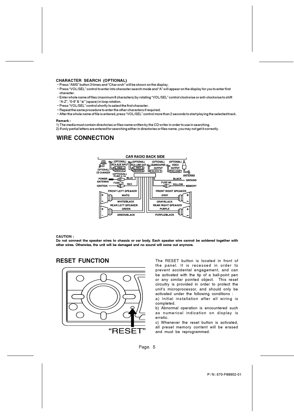 Wire connection, Reset function | PYLE Audio PLCD65MP3 User Manual | Page 5 / 6