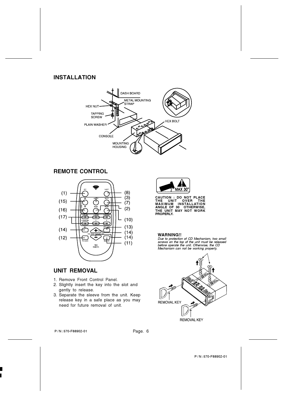 Unit removal, Installation, Remote control | PYLE Audio PLCD65MP3 User Manual | Page 6 / 6