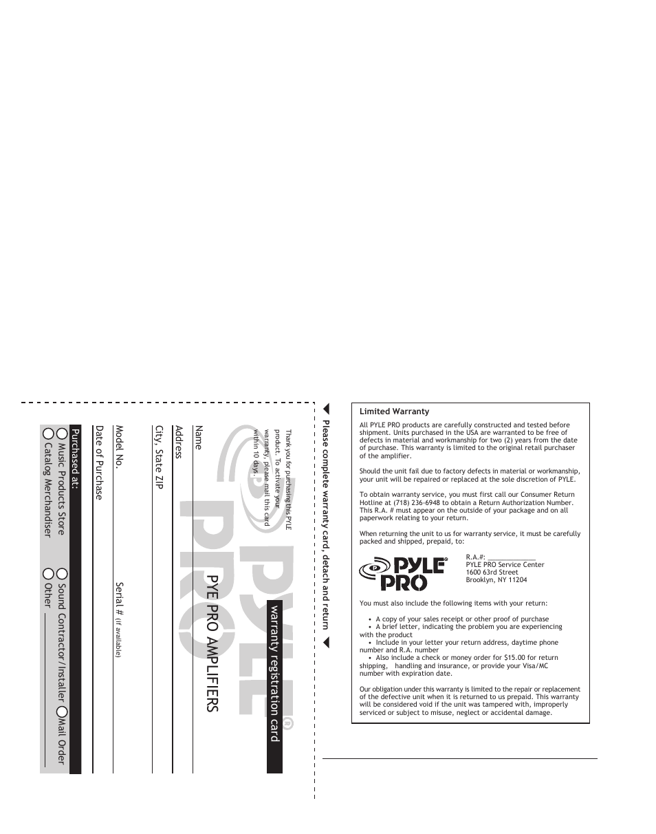 Pye pro amplifiers, Warranty registration card | PYLE Audio PZR600 User Manual | Page 8 / 8