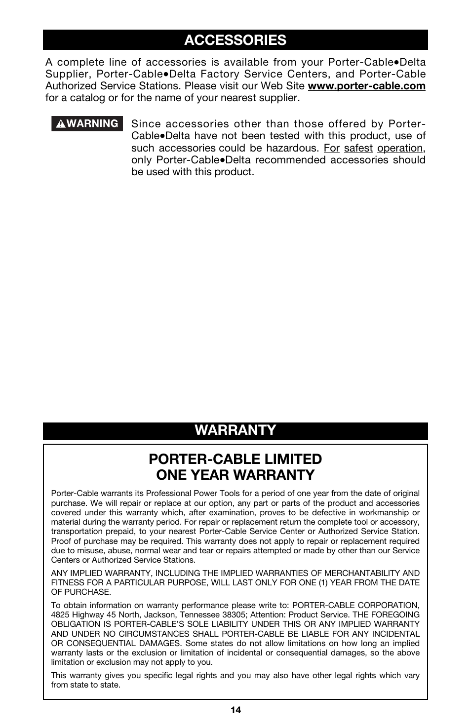 Porter-cable limited one year warranty, Warranty accessories | PYLE Audio SPEED-BLOC 330 User Manual | Page 14 / 15