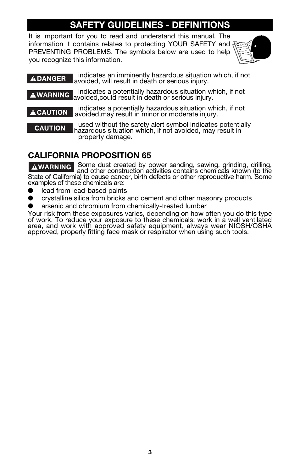 Safety guidelines - definitions, California proposition 65 | PYLE Audio SPEED-BLOC 330 User Manual | Page 3 / 15