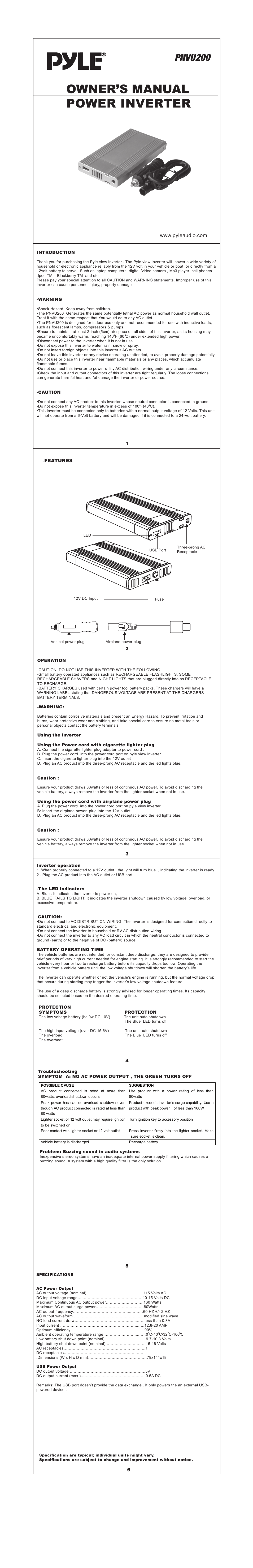 PYLE Audio Power Inverter PNVU200 User Manual | 1 page