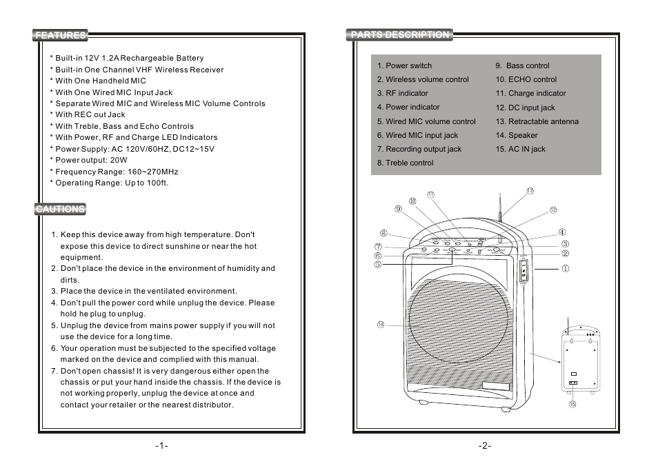 Т³гж 2, Features cautions parts description | PYLE Audio PWMA100 User Manual | Page 2 / 4