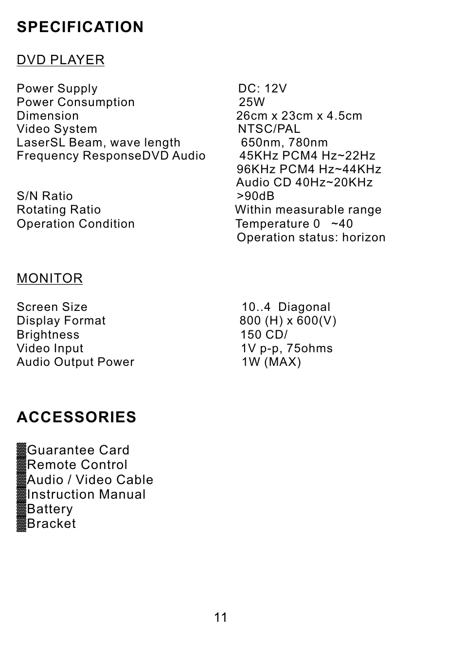 Specification, Accessories | PYLE Audio PLDVD10M User Manual | Page 12 / 12