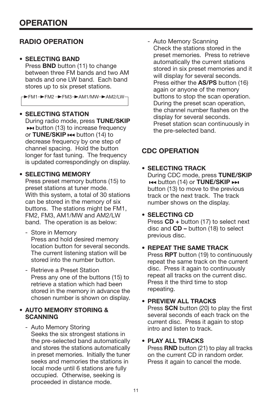 Operation, Radio operation, Cdc operation | PYLE Audio PLTV64R User Manual | Page 11 / 16