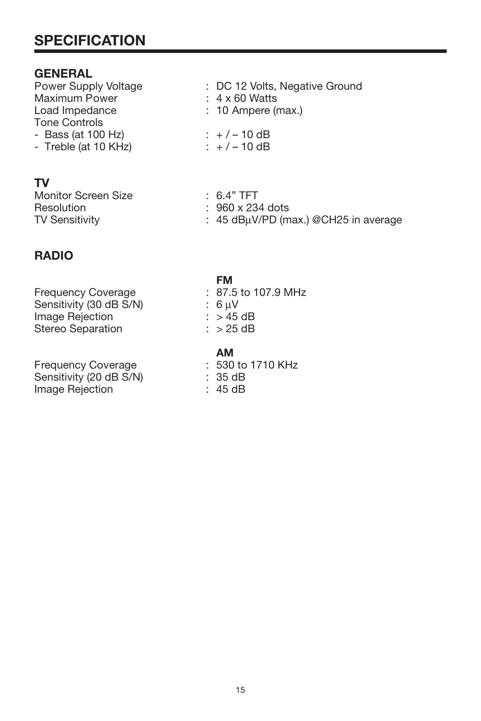 Specification | PYLE Audio PLTV64R User Manual | Page 15 / 16