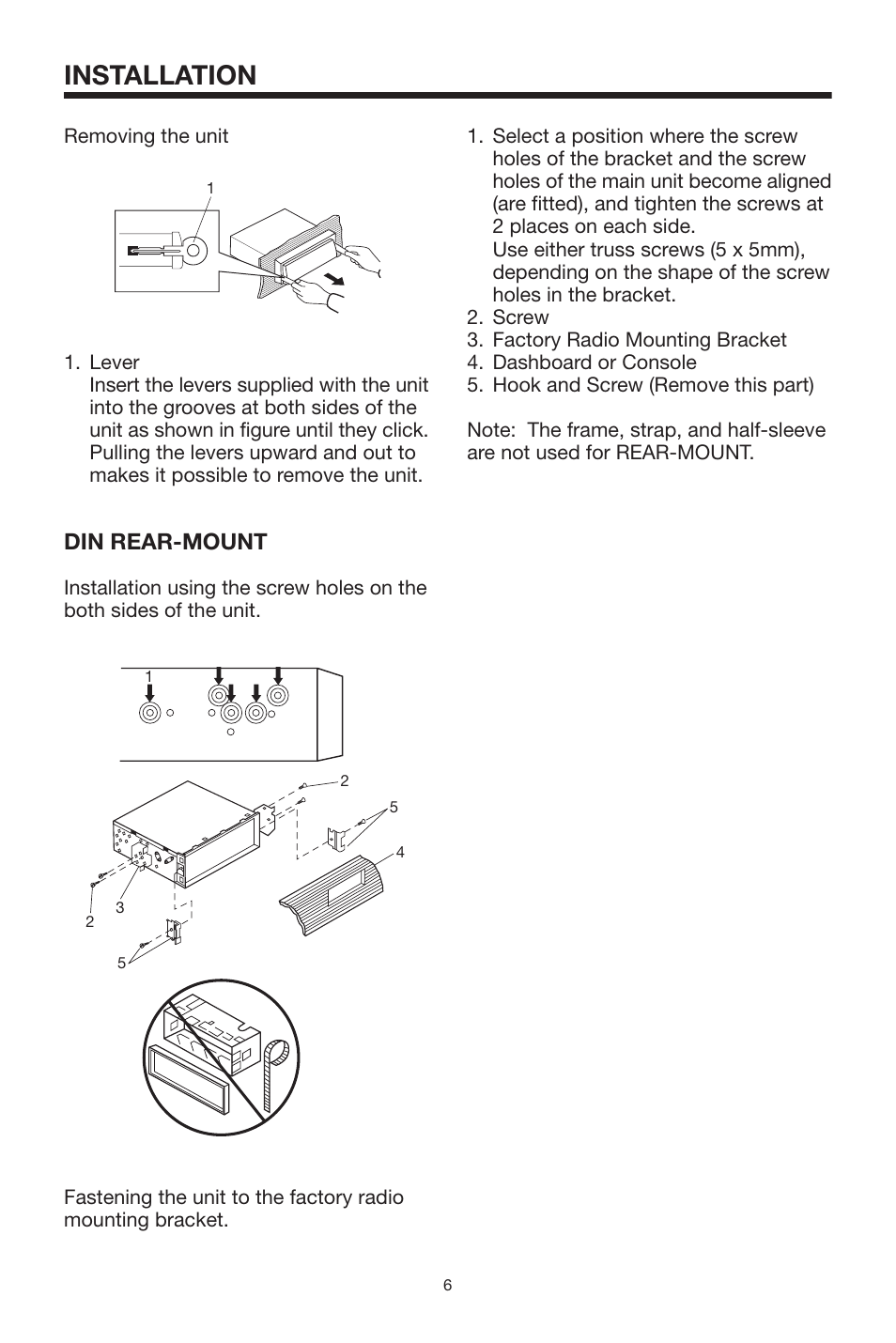 Installation, Din rear-mount | PYLE Audio PLTV64R User Manual | Page 6 / 16