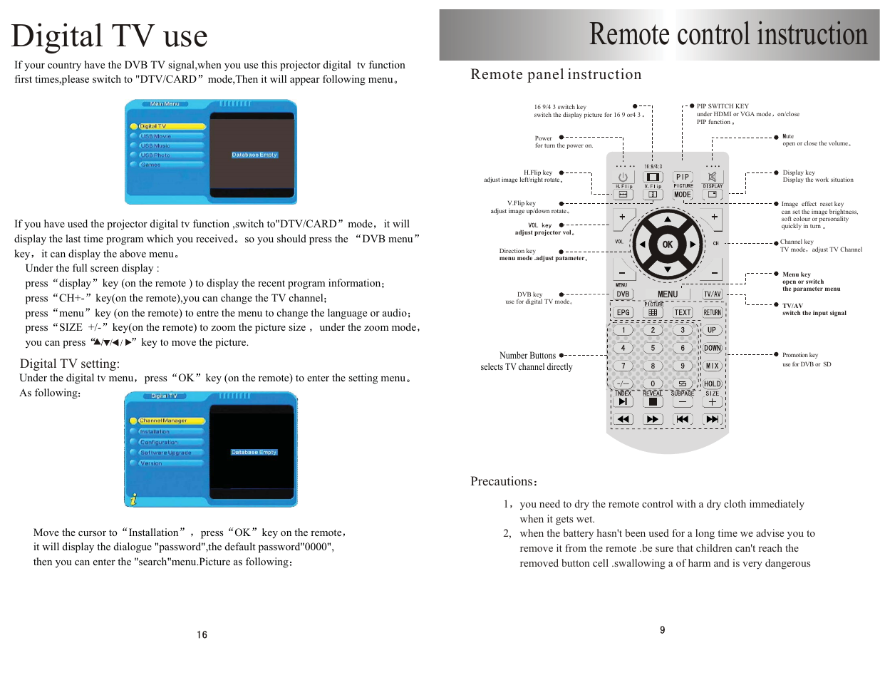 Remote control instruction, Digital tv use, Remote panel instruction | PYLE Audio PRJHD198 User Manual | Page 11 / 14