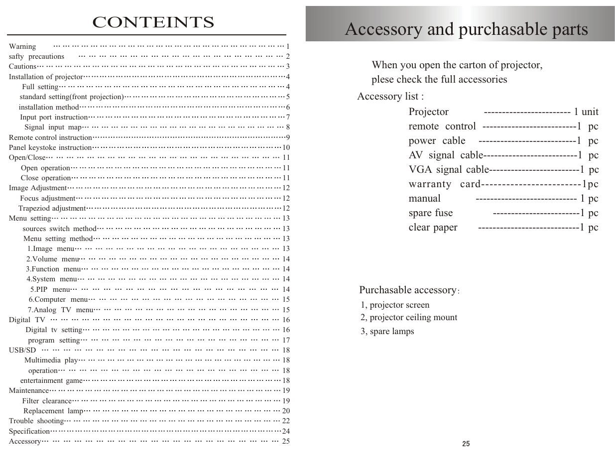 Accessory and purchasable parts, Conteints | PYLE Audio PRJHD198 User Manual | Page 2 / 14