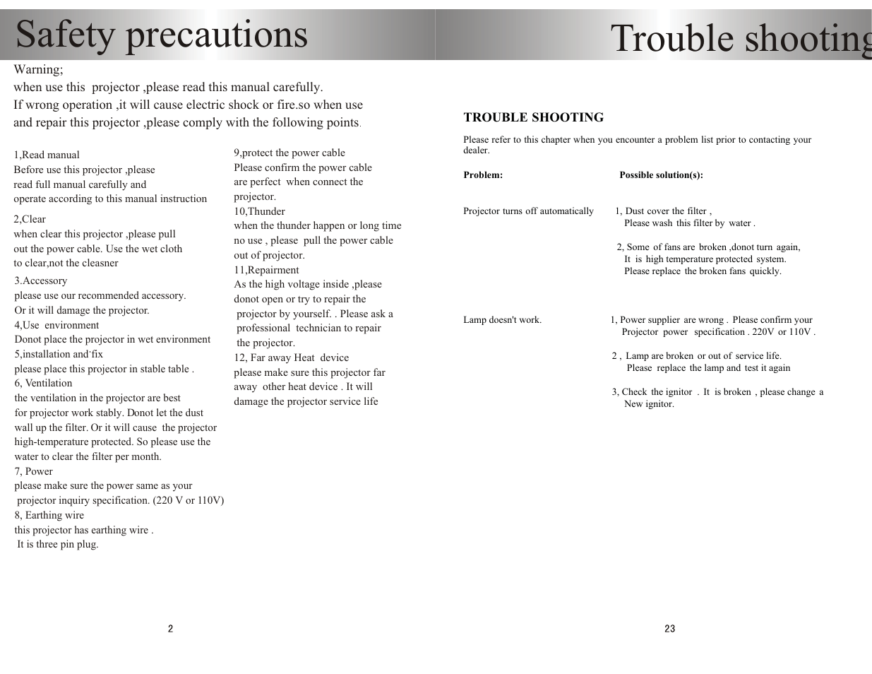Safety precautions, Trouble shooting | PYLE Audio PRJHD198 User Manual | Page 4 / 14