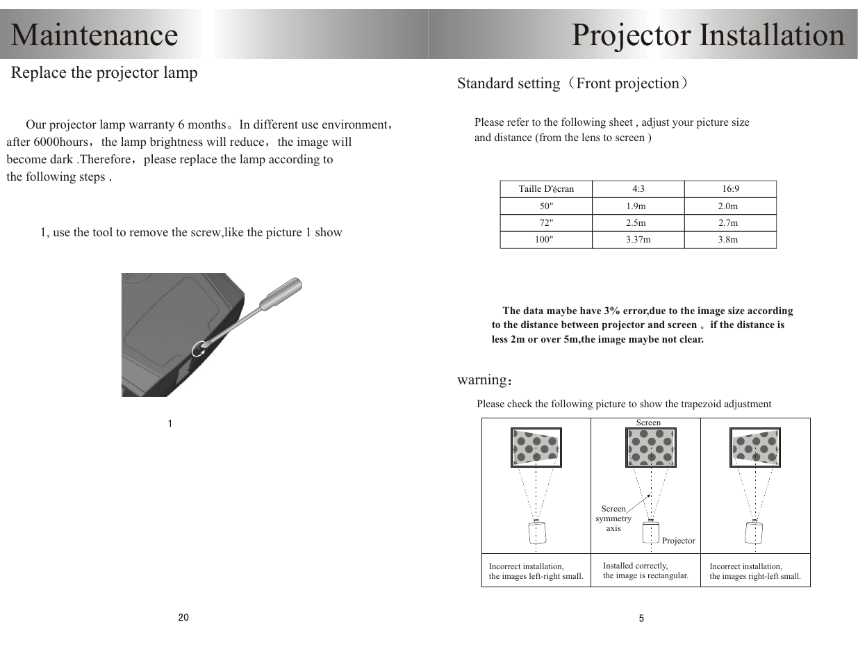 Maintenance, Projector installation, Replace the projector lamp | Standard setting front projection | PYLE Audio PRJHD198 User Manual | Page 7 / 14
