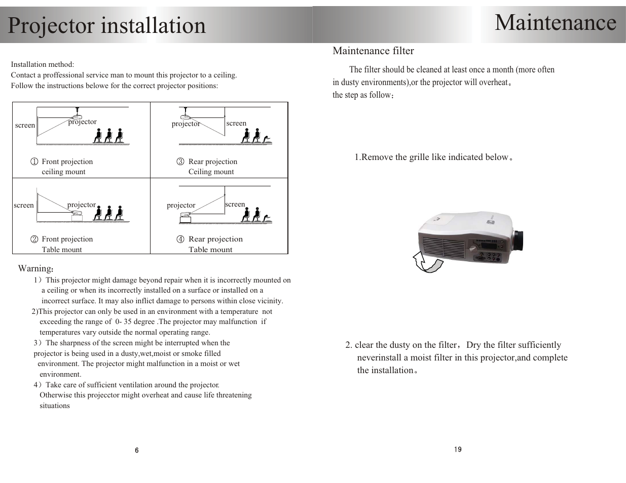 Maintenance, Projector installation | PYLE Audio PRJHD198 User Manual | Page 8 / 14