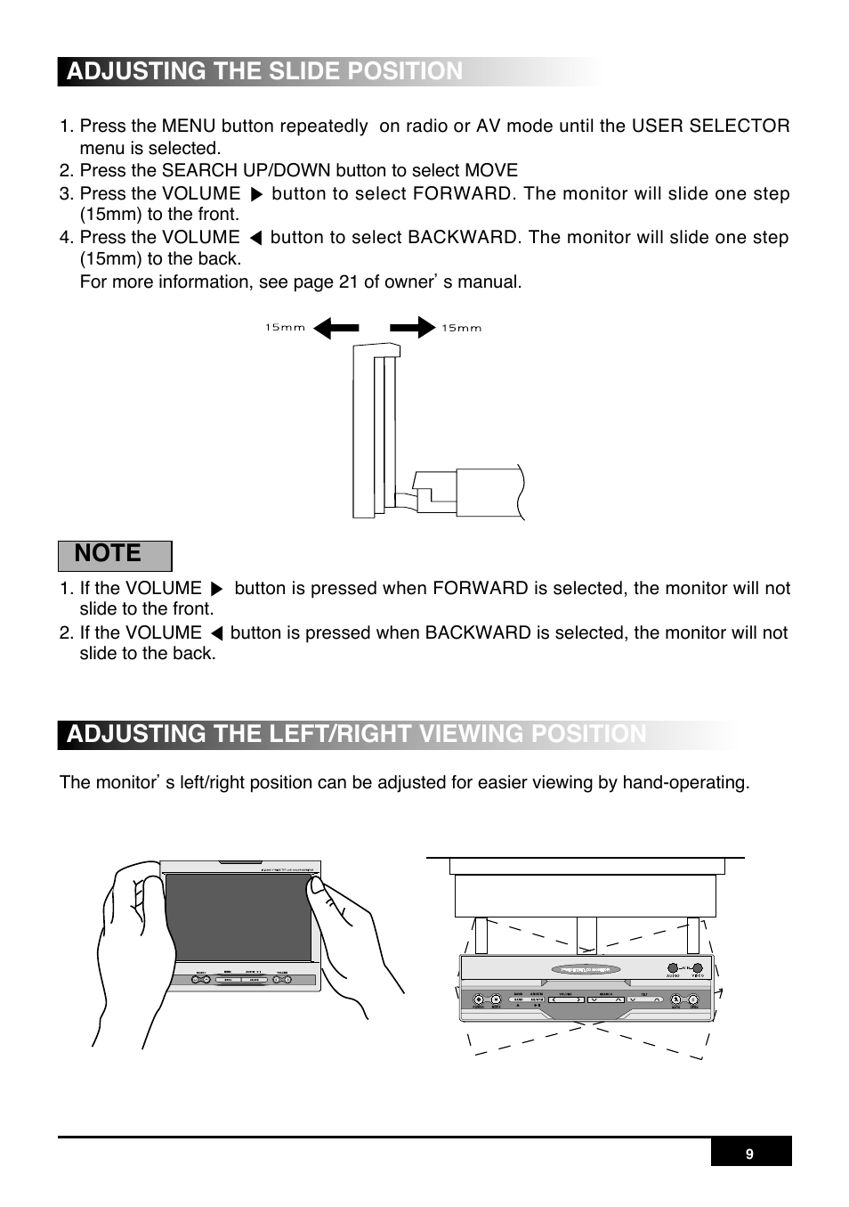 Adjusting the left/right viewing position, Adjusting the slide position | PYLE Audio PLR7N User Manual | Page 11 / 33