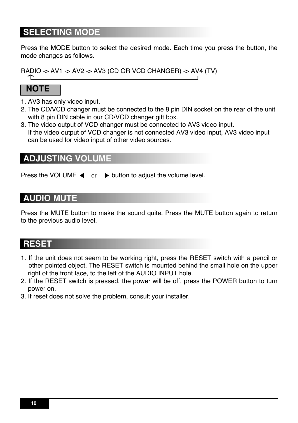 Selecting mode, Adjusting volume reset audio mute | PYLE Audio PLR7N User Manual | Page 12 / 33