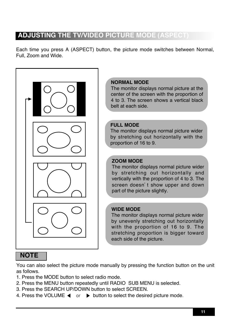 Adjusting the tv/video picture mode (aspect) | PYLE Audio PLR7N User Manual | Page 13 / 33