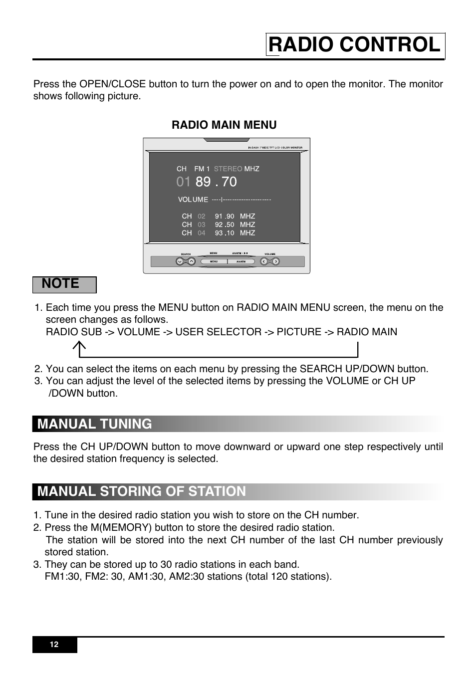 Radio control, Manual tuning manual storing of station | PYLE Audio PLR7N User Manual | Page 14 / 33