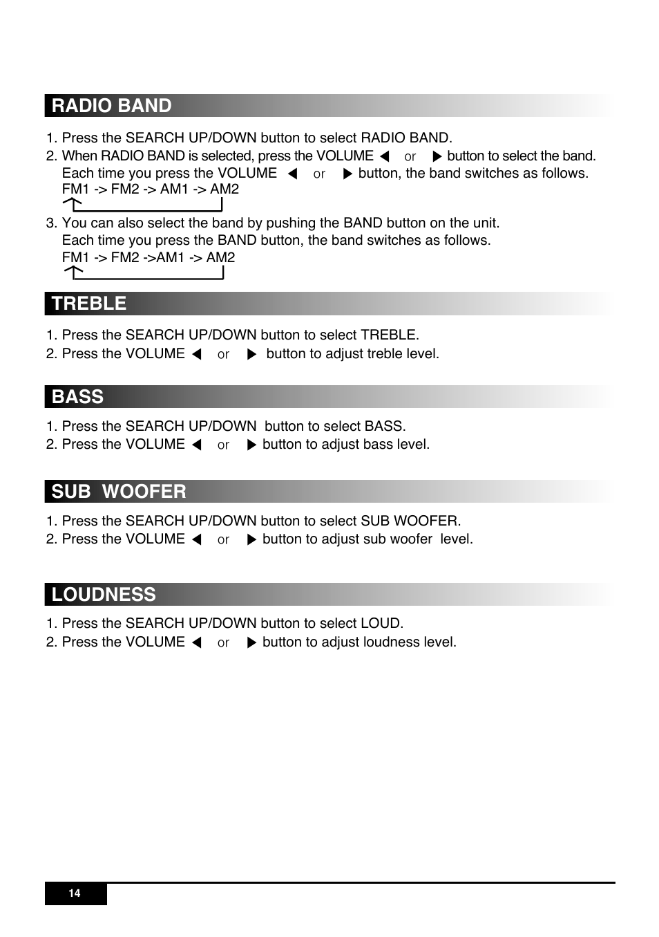 Treble bass loudness sub woofer, Radio band | PYLE Audio PLR7N User Manual | Page 16 / 33
