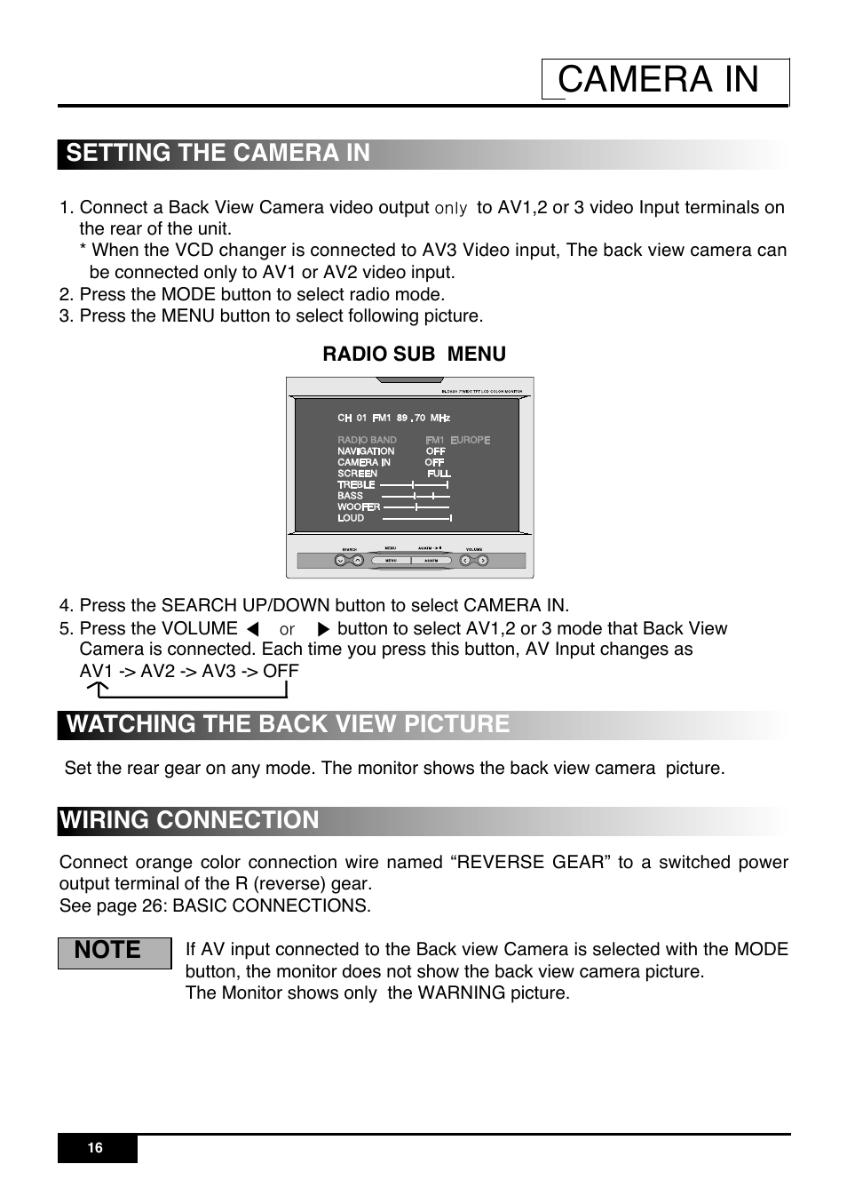 Camera in, Setting the camera in, Watching the back view picture | Wiring connection | PYLE Audio PLR7N User Manual | Page 18 / 33