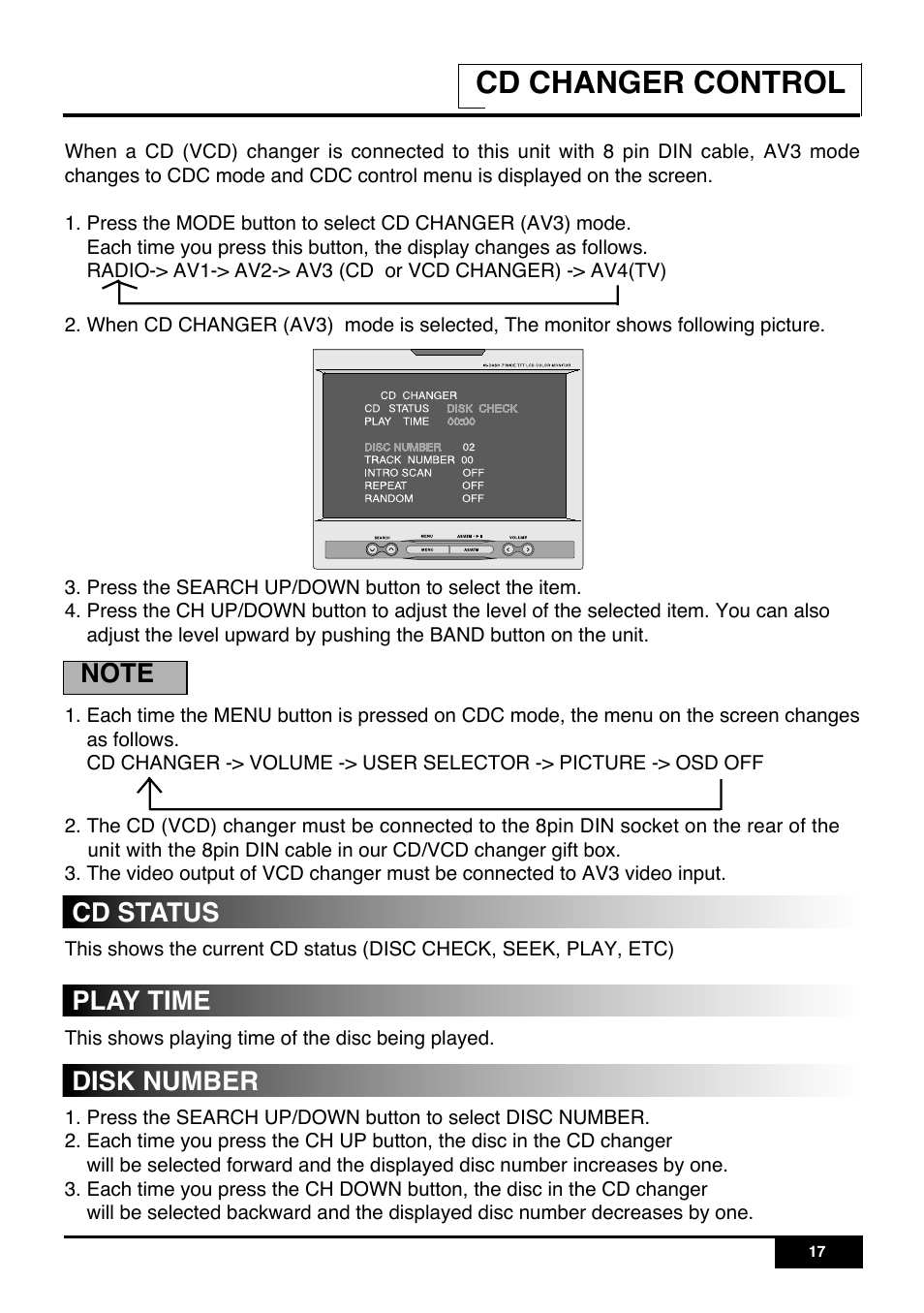 Cd changer control, Cd status, Play time | Disk number | PYLE Audio PLR7N User Manual | Page 19 / 33