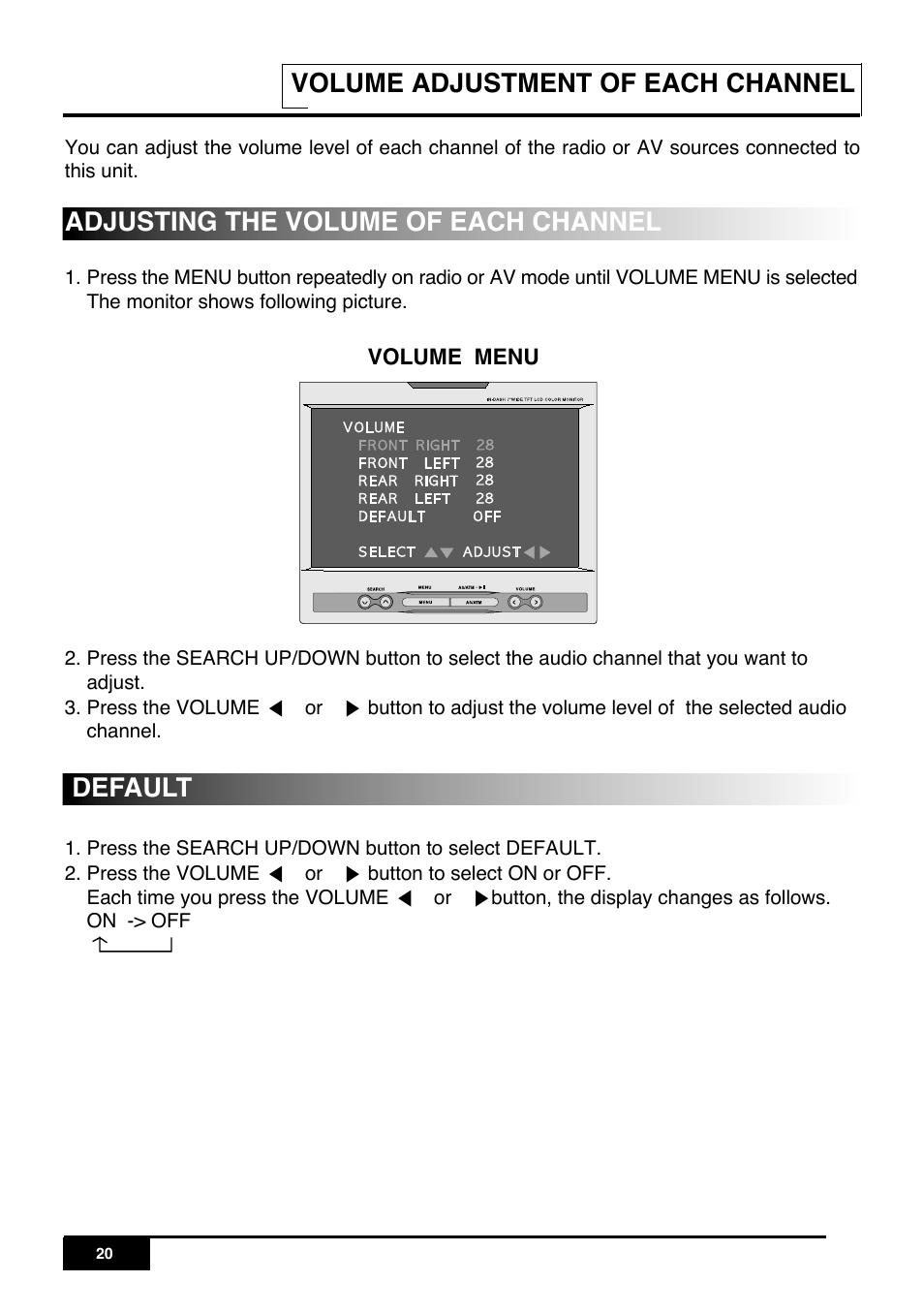 Volume adjustment of each channel, Default adjusting the volume of each channel | PYLE Audio PLR7N User Manual | Page 22 / 33