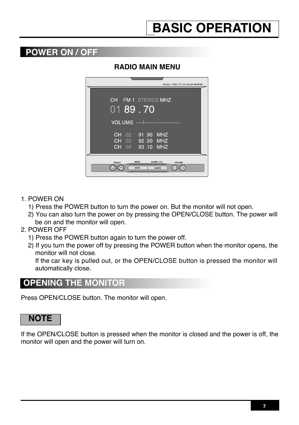 Basic operation, Power on / off opening the monitor | PYLE Audio PLR7N User Manual | Page 9 / 33