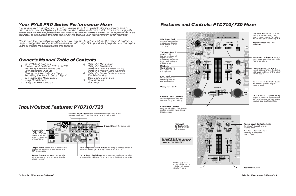 Your pyle pro series performance mixer, Owner’s manual table of contents | PYLE Audio PYD-710 User Manual | Page 2 / 6